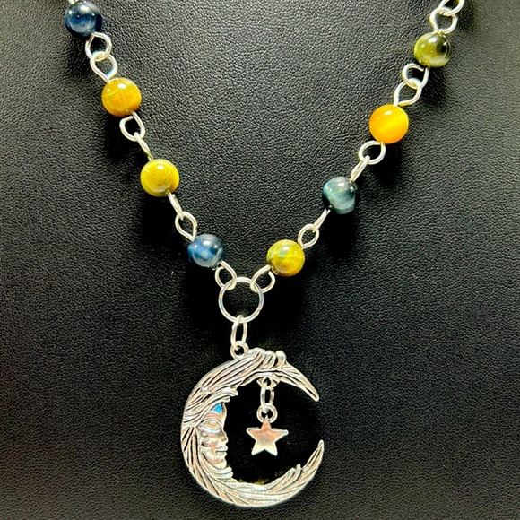 Handmade Moon & Star Pendant Necklace with Natural Tiger Eye Stones! - Picture 3 of 7